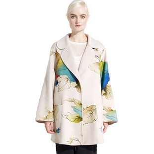 YUESPACE双面羊毛大衣印花毛呢外套女士秋冬西装领休闲时尚宽松