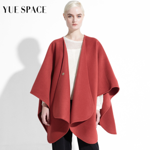 YUESPACE秋冬双面羊绒斗篷大衣女毛呢披肩外套时尚洋气宽松中长款