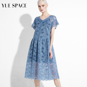 YUESPACE连衣裙蕾丝镂空短袖宽松V领长款过膝女长裙春夏时尚气质