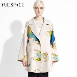 YUESPACE双面羊毛大衣印花毛呢外套女士秋冬西装领休闲时尚宽松