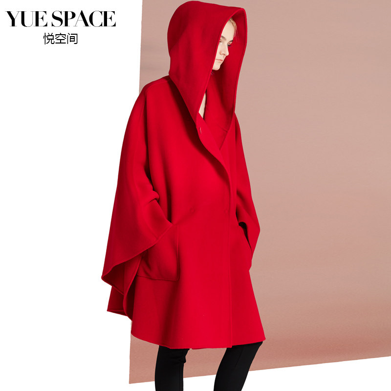 悦空间双面绒红色休闲风毛呢外套