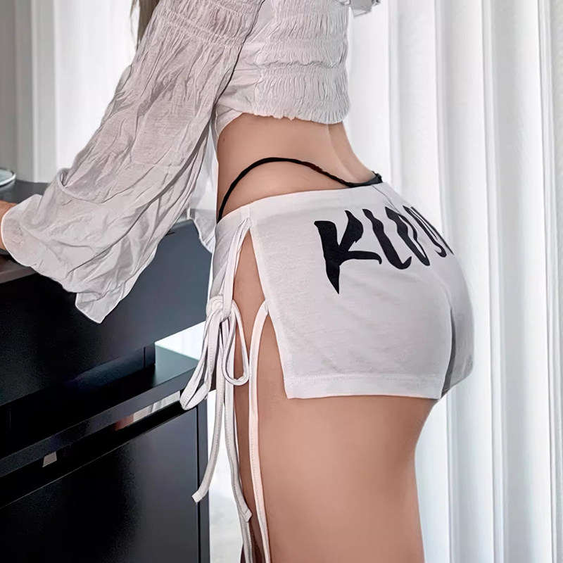 heels跳舞jazz爵士钢管舞性感白色印花侧边绑带中腰纯色显瘦裤子