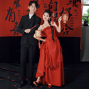 影楼主题服装 情侣写真拍照摄影礼服室内喜嫁风酒红色简约婚纱 新款