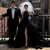 黑色街拍婚纱影楼摄影主题服装 缎面森系写真情侣旅拍挂脖露腿礼服