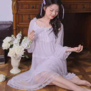 甜美蕾丝拼接宽松A字版 法式 公主睡裙长莫代尔网纱睡衣少女家居服