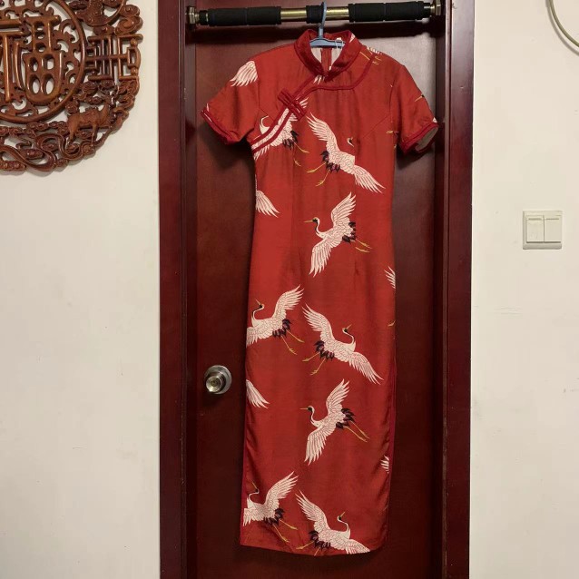 S码中国风红色修身旗袍立领传统开叉长裙库存微瑕品不退换慎拍新