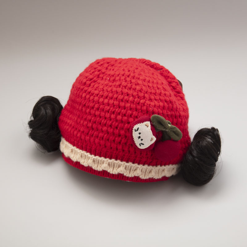 秋冬新款婴幼儿假发帽可爱宝宝新年中国风帽婴儿棉线帽手工编织