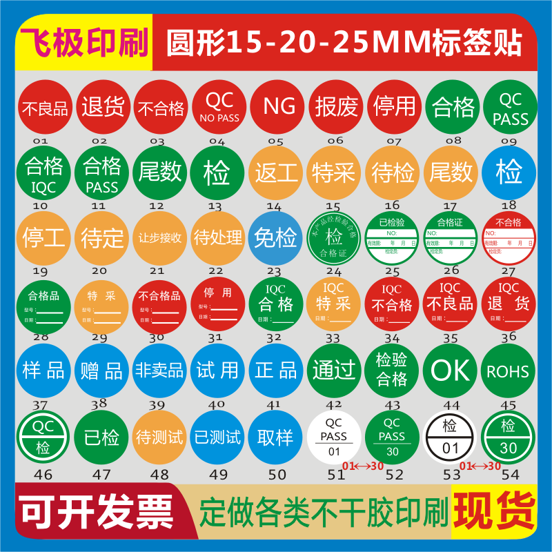 合格不良品退货iQC特采停试用样正品OK返工ROHS报废通过不干胶贴