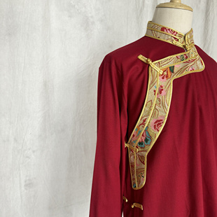 藏族服饰男式经典藏红色花边铜扣复古好棉麻衬衫上衣搭配藏袍藏裙