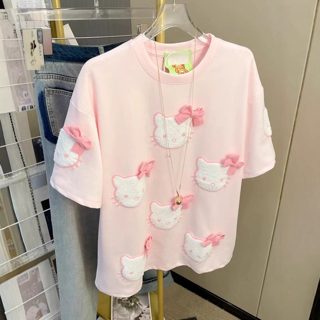 210g精梳纯棉夏季卡通猫咪刺绣蝴蝶结短袖T恤女宽松时尚上衣