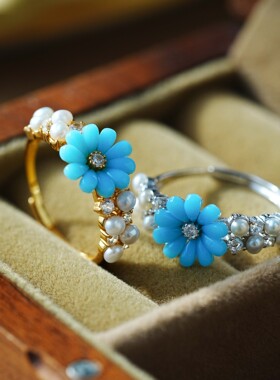 S925银雏菊绿松石青金石开口戒指时尚高级感可调节温柔精致女指环