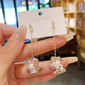 精致甜美超仙粉色水晶珍珠吊坠耳环日韩高级感百搭银针耳钉女耳饰