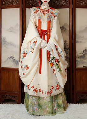 中国风古装汉服秋冬新款立领重工刺绣云肩马面琵琶套装款花卉刺绣