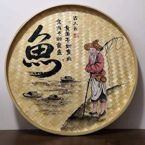 手绘竹编农庄装饰挂件墙壁簸箕画