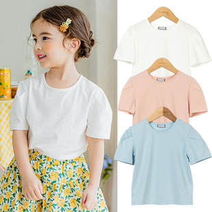 bebezoo韩国童装 上衣 2021夏儿童纯色T恤女童圆领纯棉舒适百搭短袖