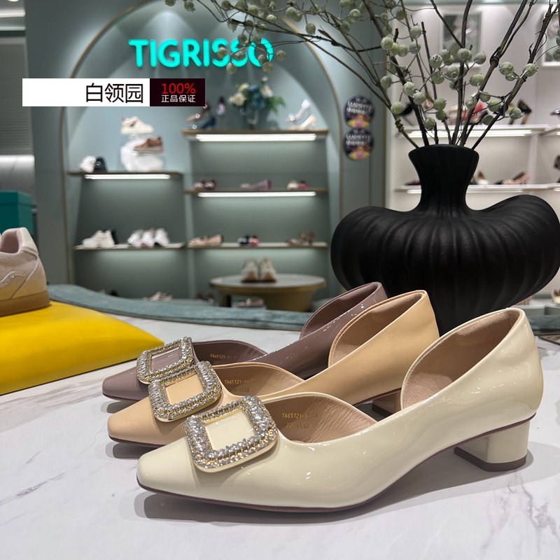 蹀愫2025春款水钻方扣单鞋女