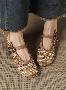 SEVEN LUNA~国内正品2025夏季法式编织玛丽珍鞋粗跟凉鞋女SLSS331