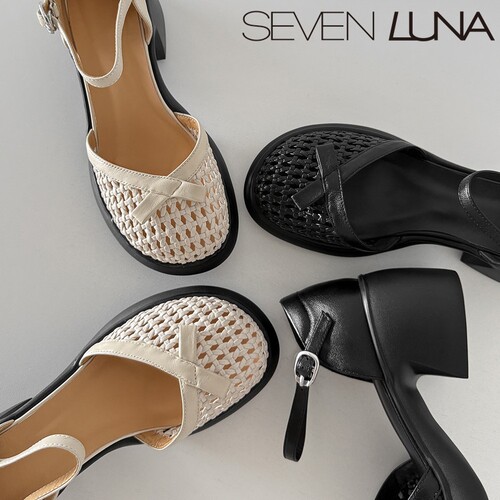 SEVEN LUNA~国内正品2026夏季复古编织镂空包头粗跟凉鞋女SLDQ332