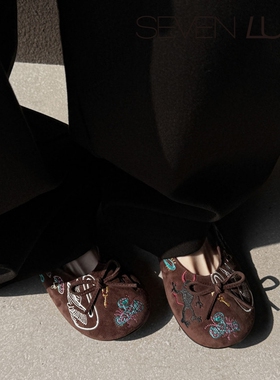 SEVEN LUNA~国内正品2026春季复古刺绣芭蕾鞋平底单鞋女SLDQ126