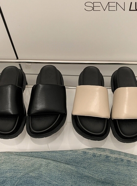 SEVEN LUNA~国内正品2023夏季厚底外穿踩屎感面包凉拖鞋女SLMO613