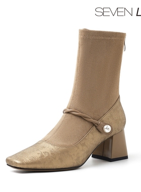 SEVEN LUNA国内正品2024秋冬新中式国风玛丽珍粗跟短靴女SLPD551