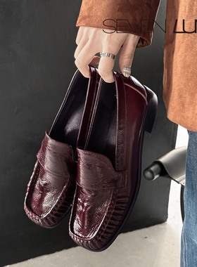 SEVEN LUNA~国内正品2026春季复古风褶皱乐福鞋粗跟单鞋女SLZ529