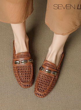 SEVEN LUNA~国内正品2025夏季复古镂空编织平底包头拖鞋女SLSS457