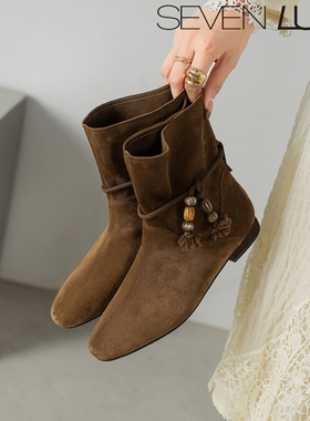 SEVEN LUNA~国内正品2025秋冬复古串珠西部靴平底短靴女SLWC461