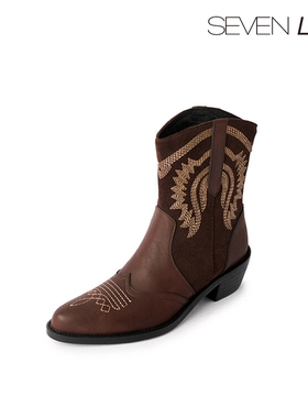 SEVEN LUNA国内正品2024秋冬复古刺绣西部牛仔靴粗跟短靴女SLMO52