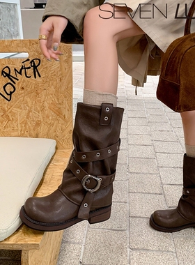 SEVEN LUNA~国内正品2025秋冬时尚堆堆西部靴粗跟中筒靴女SLMO139