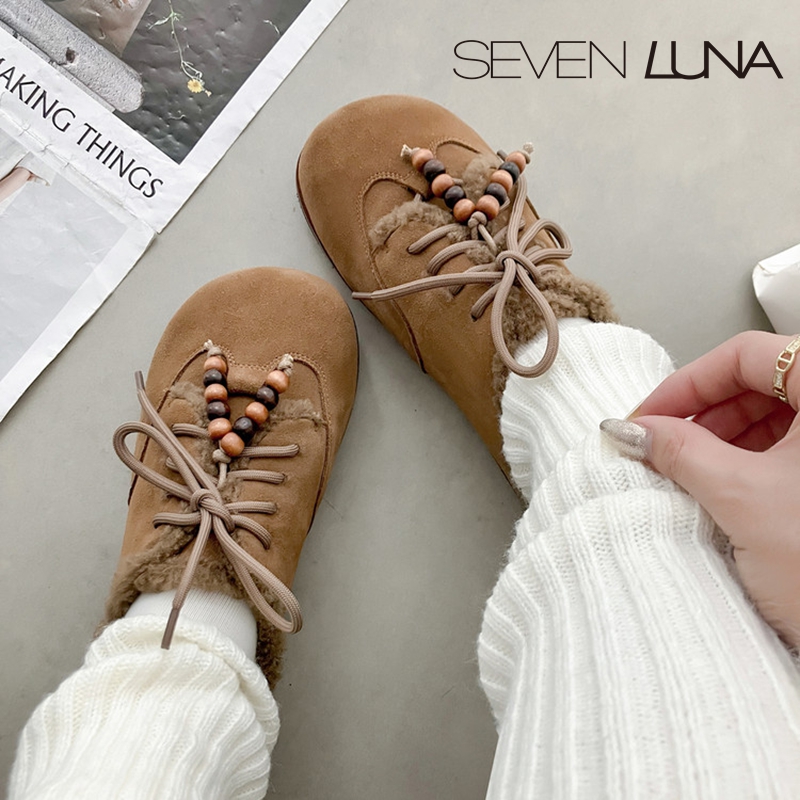 SEVEN LUNA~国内正品2025冬季加绒勃肯鞋毛毛鞋包头拖鞋女SLAN019