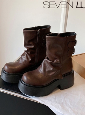 SEVEN LUNA~国内正品2025秋冬复古马丁靴裤管靴厚底短靴女SLMO005