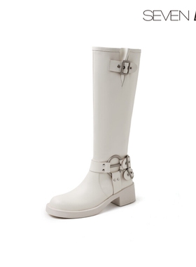 SEVEN LUNA国内正品2024秋冬白色骑士靴机车靴粗跟高筒靴女SLMK92