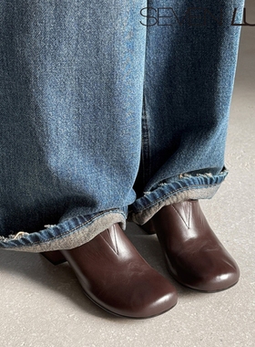 SEVEN LUNA~国内正品2026春季法式乐福鞋一脚蹬粗跟单鞋女SLFD255