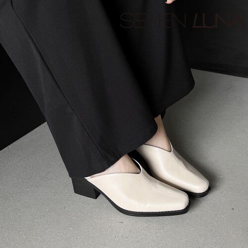 SEVEN LUNA~国内正品2026春夏极简风通勤粗高跟包头拖鞋女SLDQ337