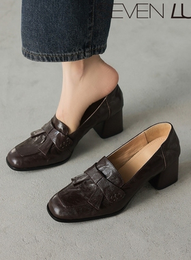 SEVEN LUNA~国内正品2025秋法式气质通勤乐福鞋粗跟单鞋女SLWC413