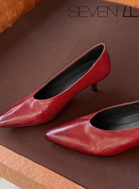 SEVEN LUNA国内正品~2026春季法式复古V口尖头细跟单鞋女SLWC769