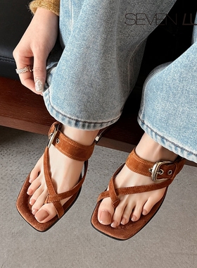 SEVEN LUNA~国内正品2025夏季复古夹趾外穿低跟凉拖鞋女SLMN515