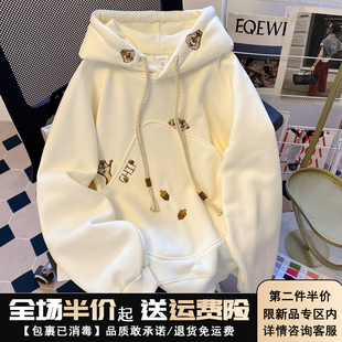 秋冬加绒加厚宽松慵懒风春 设计感刺绣松鼠连帽卫衣女外套2025新款