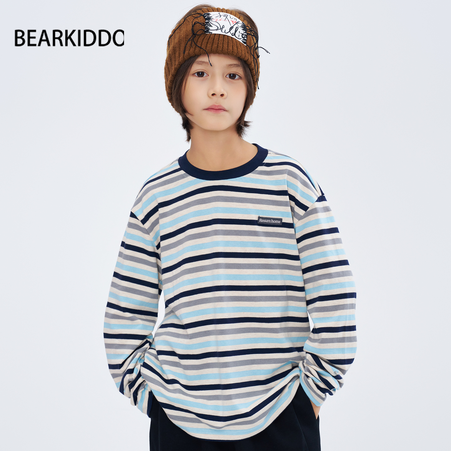 柔软男童贴标条纹T恤2025秋装新款儿童宽松上衣中大童洋气打底衫