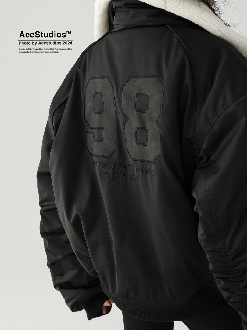 Black oversized jacket worn by a model, shown from the back