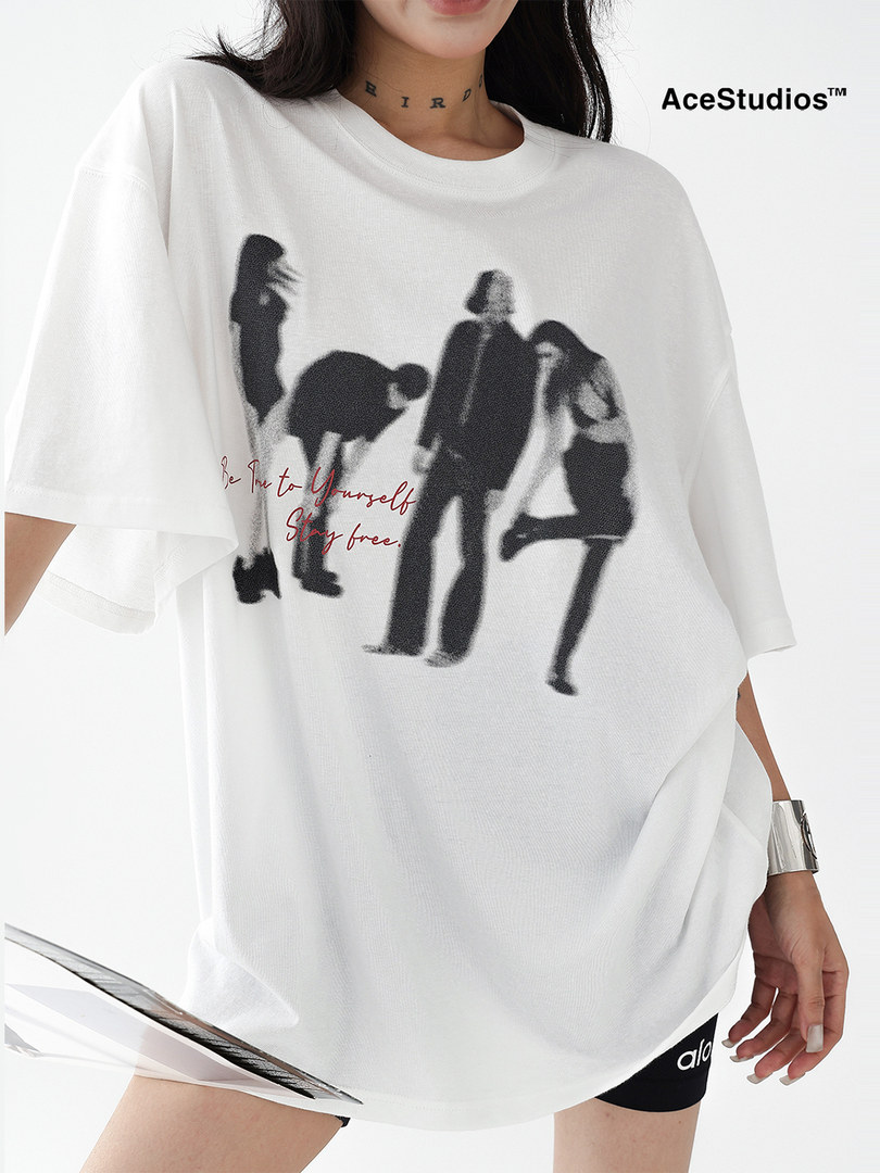 Oversized white graphic T-shirt worn by a model