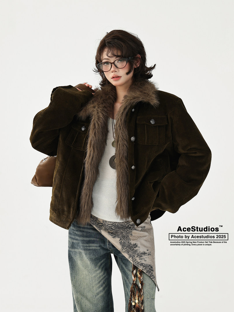 Model wearing a dark corduroy jacket with faux fur trim and jeans