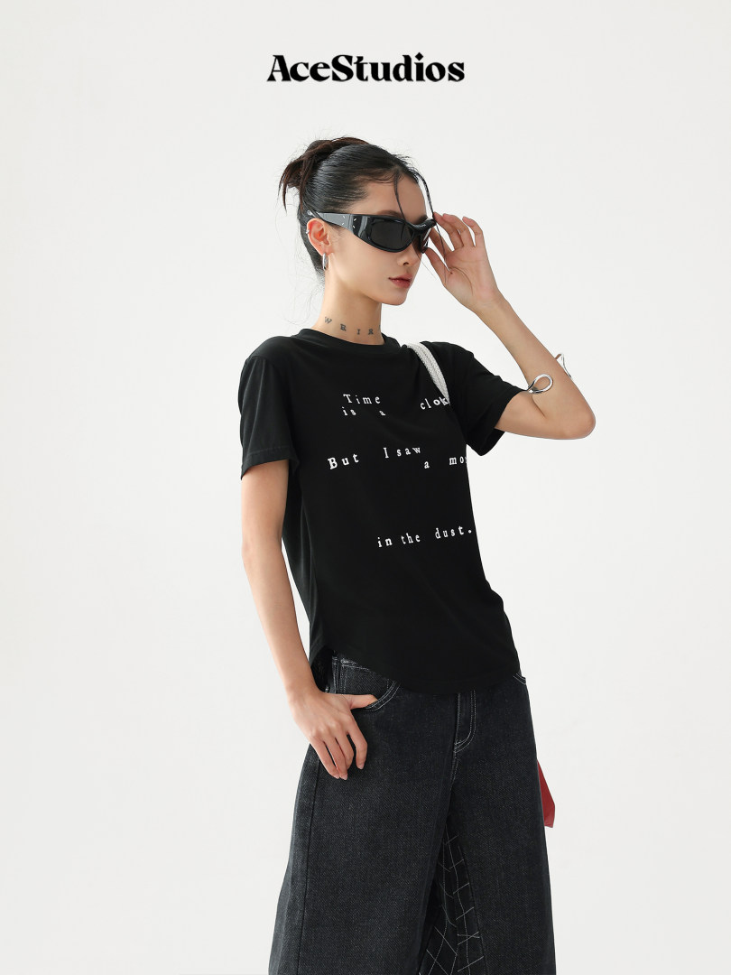 Black graphic T-shirt worn by a model