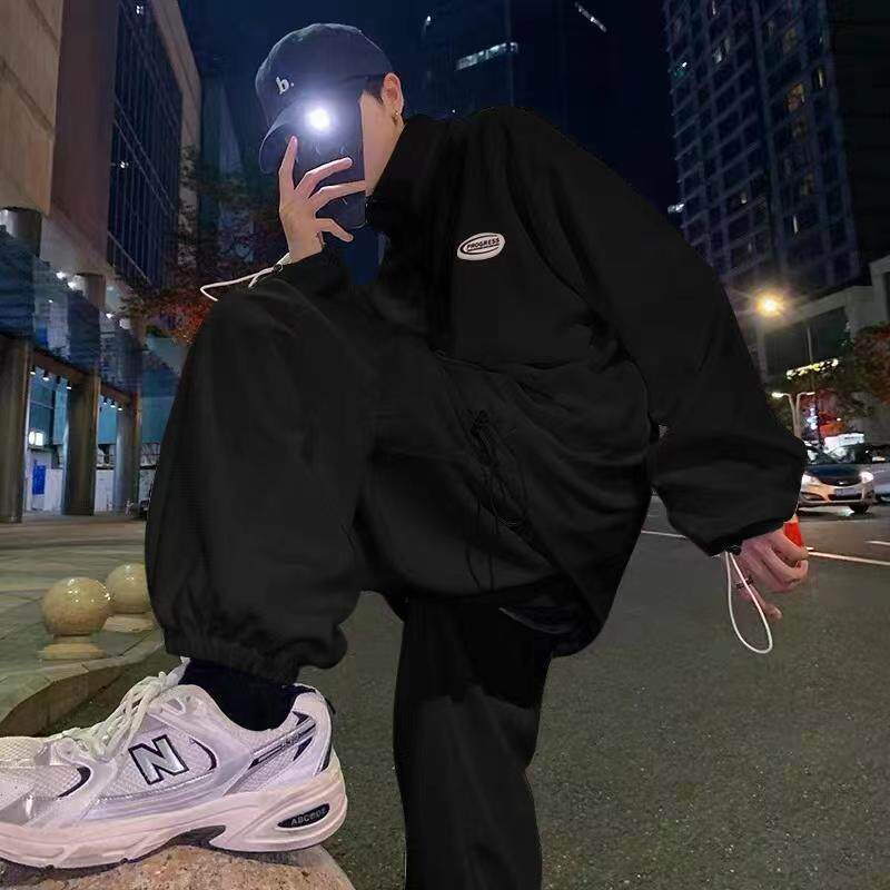 休闲运动套装男秋冬季潮牌宽松拉链套头卫衣长裤子两件套帅气男生