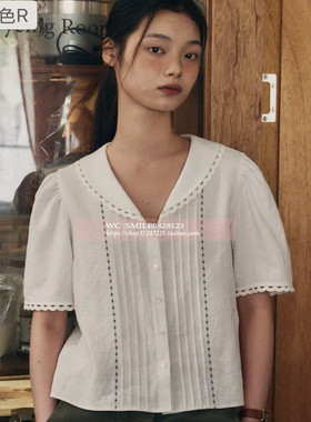 【VOVOSHOP】FRITUR 25SS 韩国代购 镂空泡泡袖短蓝色小细节 OPS