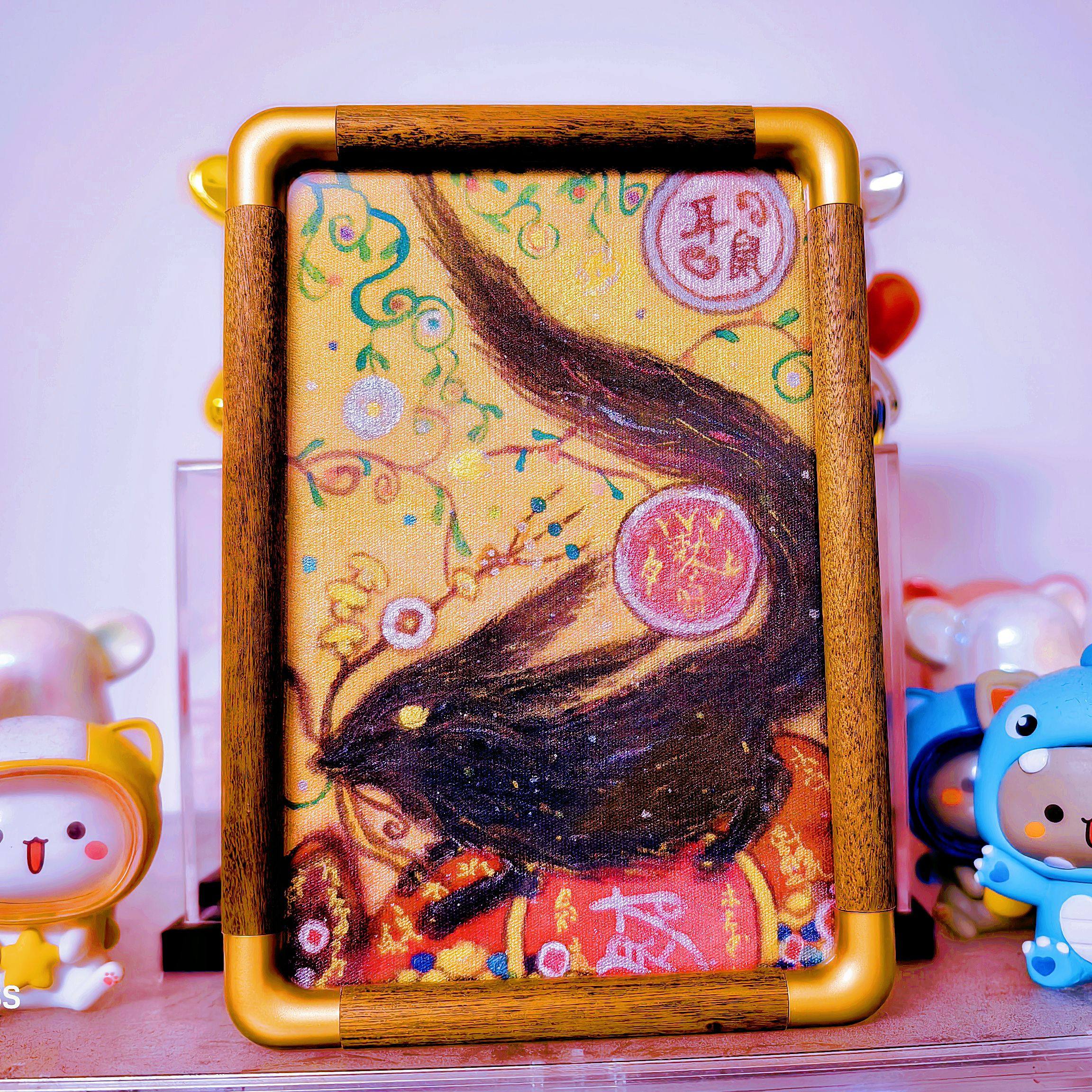 胡老师手工制作 福文岩彩画矿物绘画 聚宝耳鼠6寸摆台 山海经