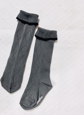 学院派风格高级深灰色菱形格翻边外贸小童中童中筒长筒袜搭百褶裙