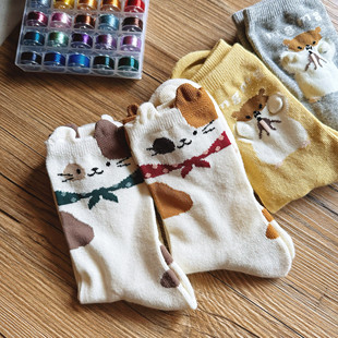 可爱卡通棉袜秋冬保暖袜中筒袜女四季 猫咪杂款 袜子毛圈底 包邮 6双