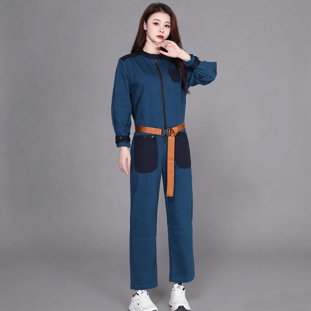 2026秋冬撞色假两件连体衣女显瘦九分裤蓝色拉链腰带工装风连身裤